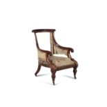 A FINE WILLIAM IV MAHOGANY LIBRARY CHAIR, c.1830, the tub shaped back with downscrolling arms