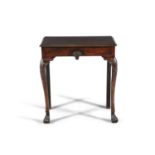 A GEORGE III MAHOGANY RECTANGULAR SIDE TABLE, with moulded top above a plain frieze centred with