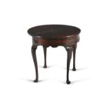 A GEORGE III MAHOGANY HALF MOON DOUBLE FOLDING TOP TABLE, the plain top first opening to reveal a
