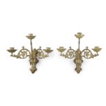 A PAIR OF LATE 19TH CENTURY GILT BRASS WALL SCONCES, each with three adjustable scrolling floral