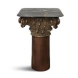 A PAINTED PINE SHORT COLUMN PEDESTAL, 19th century, carved with Corinthian capital and fitted with