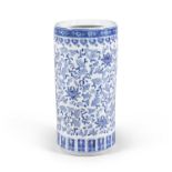 A BLUE AND WHITE CYLINDRICAL STICK STAND, decorated scrolling foliate pattern and chrysanthemum