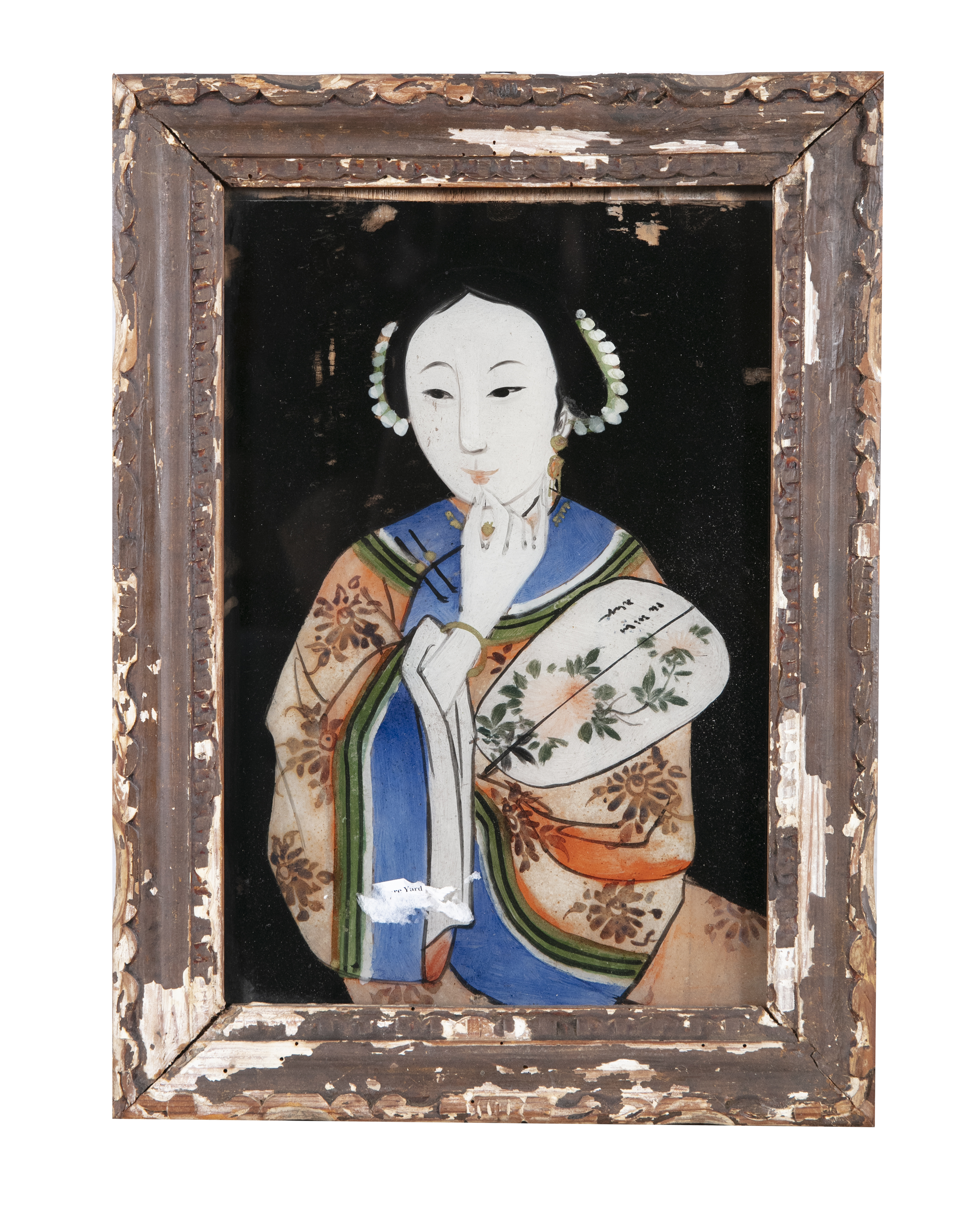A JAPANESE REVERSE PAINTED GLASS PANEL OF A GEISHA GIRL, three-quarter length, depicted clutching