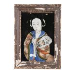 A JAPANESE REVERSE PAINTED GLASS PANEL OF A GEISHA GIRL, three-quarter length, depicted clutching