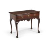 A GEORGE III MAHOGANY RECTANGULAR SIDE TABLE, with moulded rim, raised above a single frieze