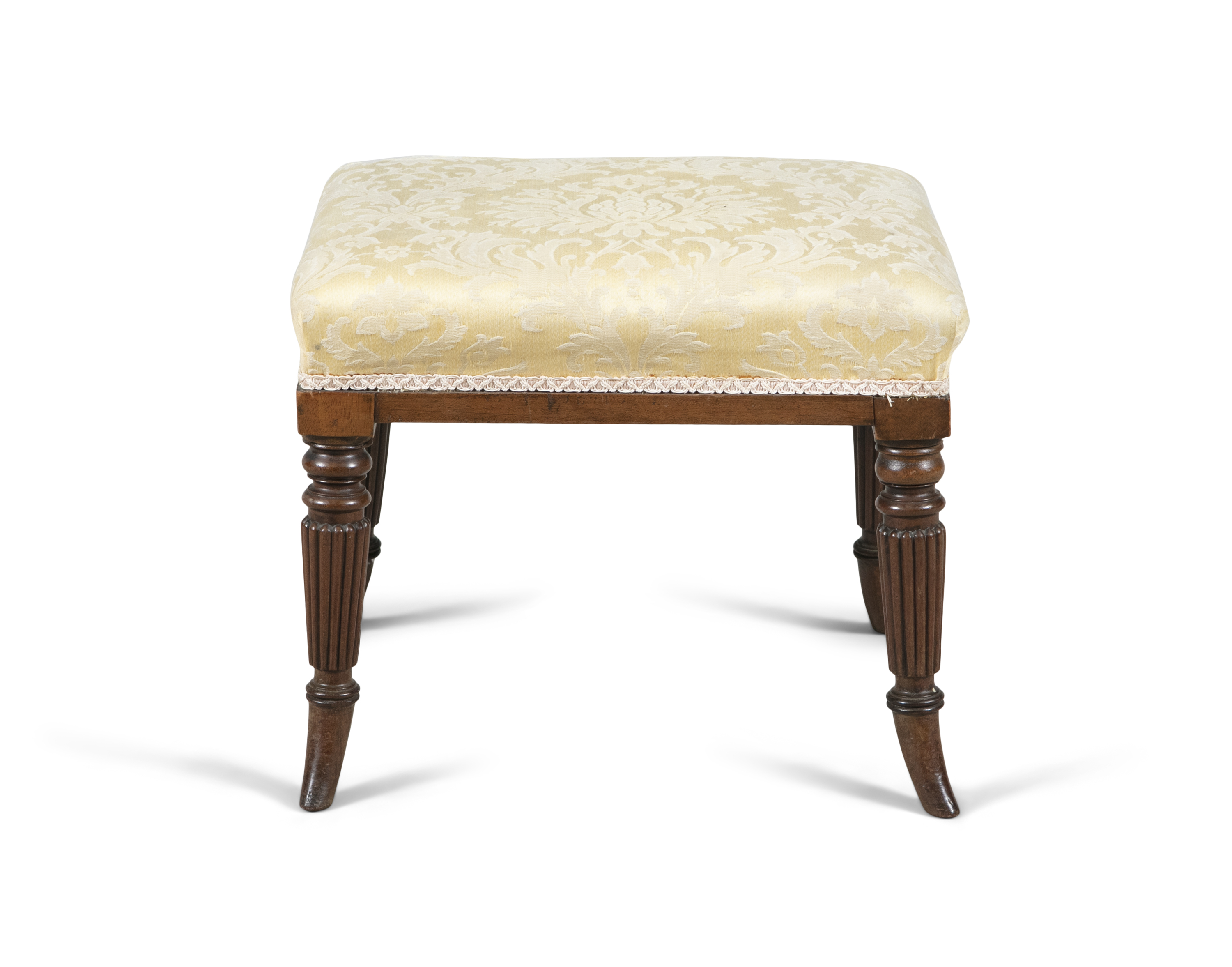 A GEORGE IV MAHOGANY FRAMED STOOL, of square stool with padded yellow damask top, with turned fluted - Image 2 of 2