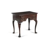A GEORGE III MAHOGANY RECTANGULAR LOW BOY, with moulded rim, above one long and two short drawers