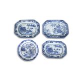 A COLLECTION OF THREE BLUE AND WHITE OBLONG MEAT DISHES, c.1800, two painted with traditional pagoda