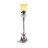 A VICTORIAN SILVER PLATED RESERVOIR OIL LAMP WITH YELLOW GLASS SHADE, 19th century, with clear cut