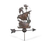 A HAMMERED COPPER WIND VANE IN THE FORM OF A TWO-MASTED SAILING SHIP. 130cm high, 90cm wide