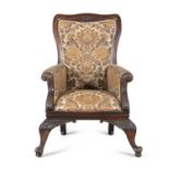 A 19TH CENTURY STAINED OAK FRAMED ARMCHAIR, with tapestry covered seat and back, scroll arm supports