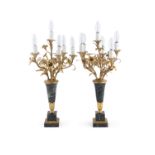 A PAIR OF FRENCH GREEN MARBLE AND GILT METAL MOUNTED SIX LIGHT CANDELABRA, naturalistically modelled