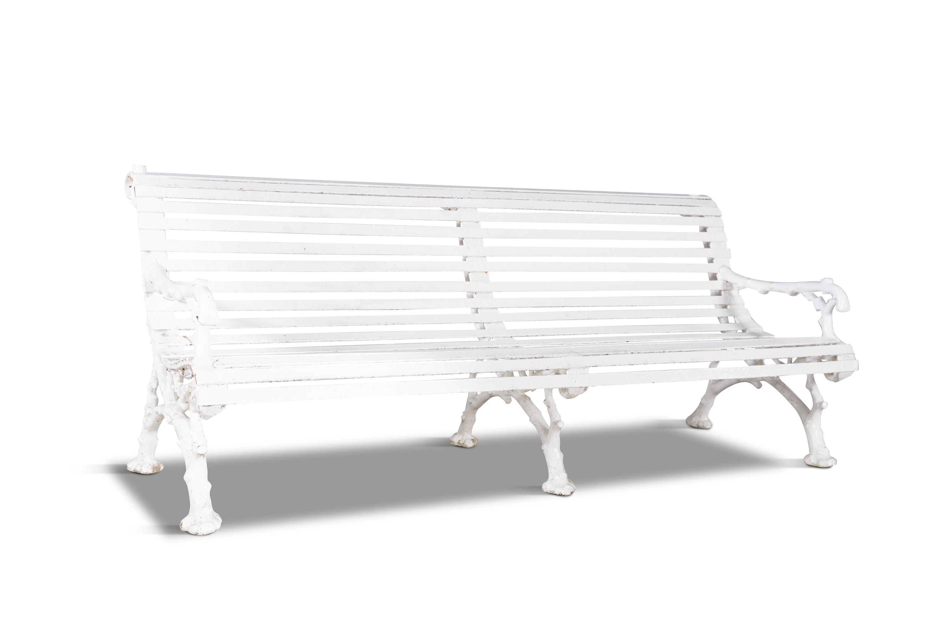 A VICTORIAN WHITE PAINTED CAST IRON SCROLL BACK GARDEN BENCH, supported on pierced naturalistic - Image 2 of 2