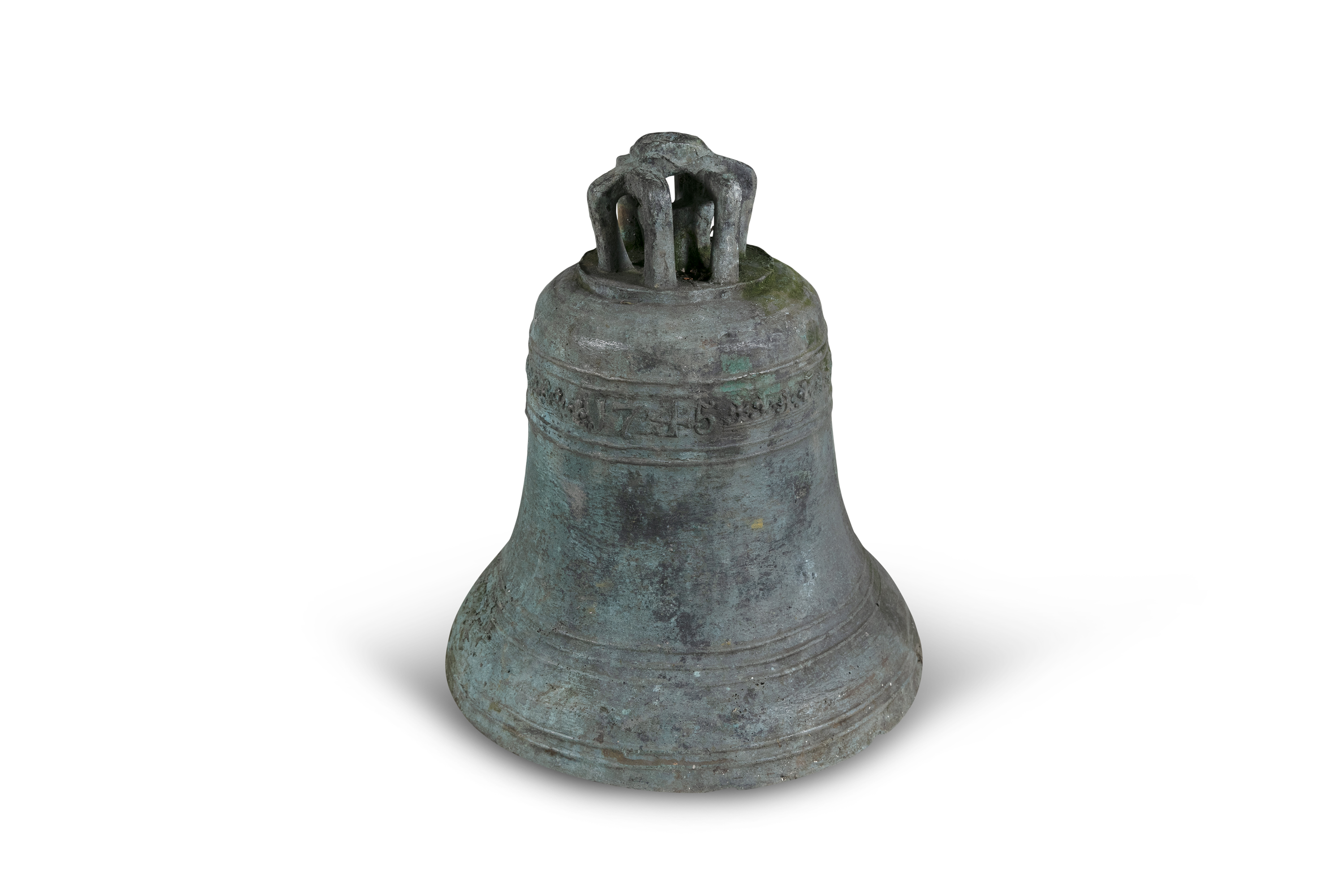 AN 18TH CENTURY BRONZE SHIPS BELL, of usual design, surmounted with an openwork suspension loop, the