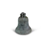 AN 18TH CENTURY BRONZE SHIPS BELL, of usual design, surmounted with an openwork suspension loop, the