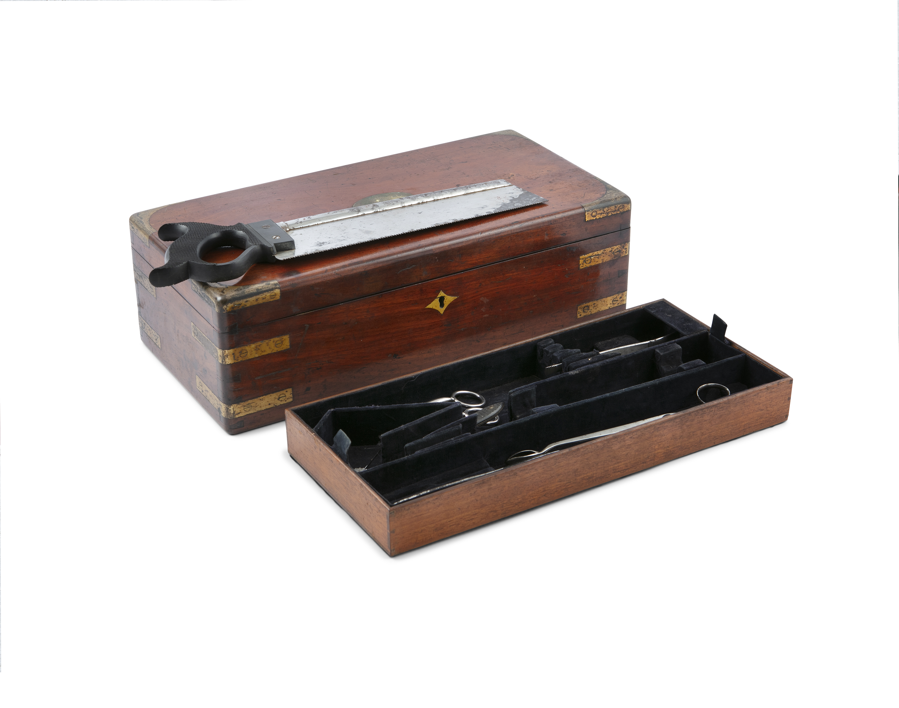 AN AMERICAN MAHOGANY AND BRASS BOUND SURGICAL BOX, 19th century, presented to Samuel Moore, M.D
