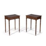 A pair of Regency mahogany rectangular side tables, the plain tops with rounded front angles above a