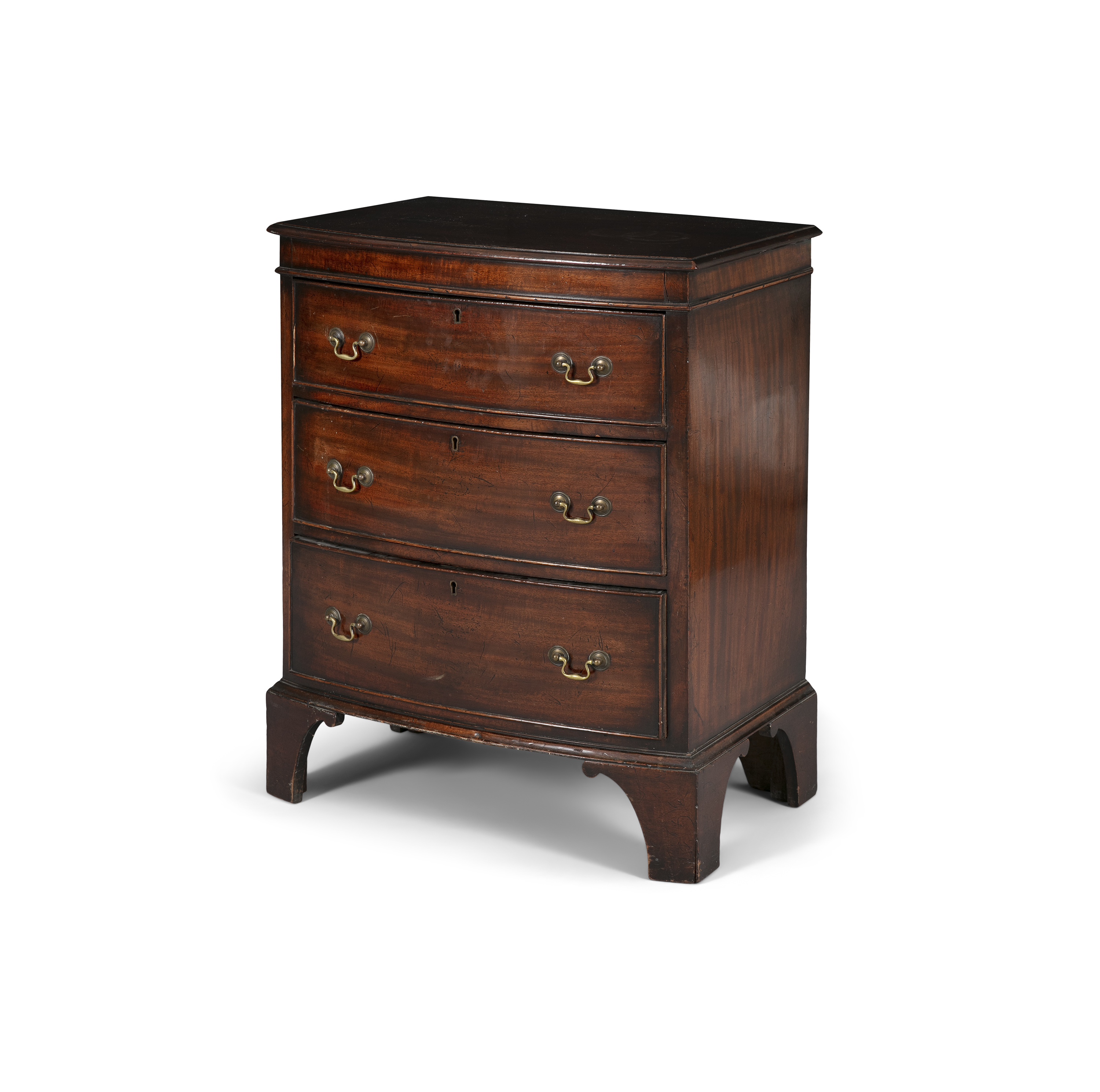 A George III style mahogany compact bowfront chest, of three graduated cockbeaded drawers with brass - Image 2 of 2