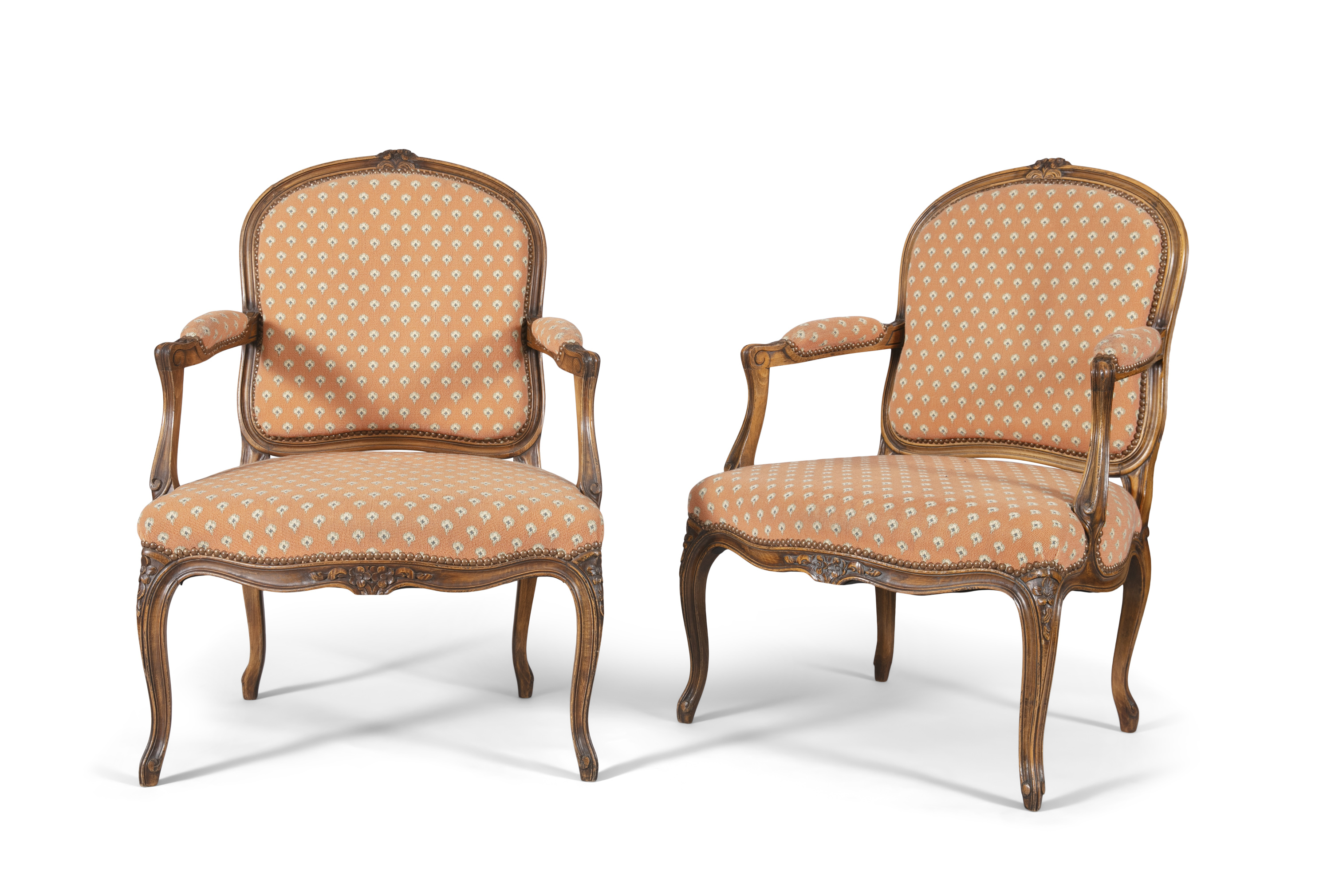 A pair of Louis Quinze style stained beech framed fauteuils, the moulded frame surmounted with - Image 2 of 2