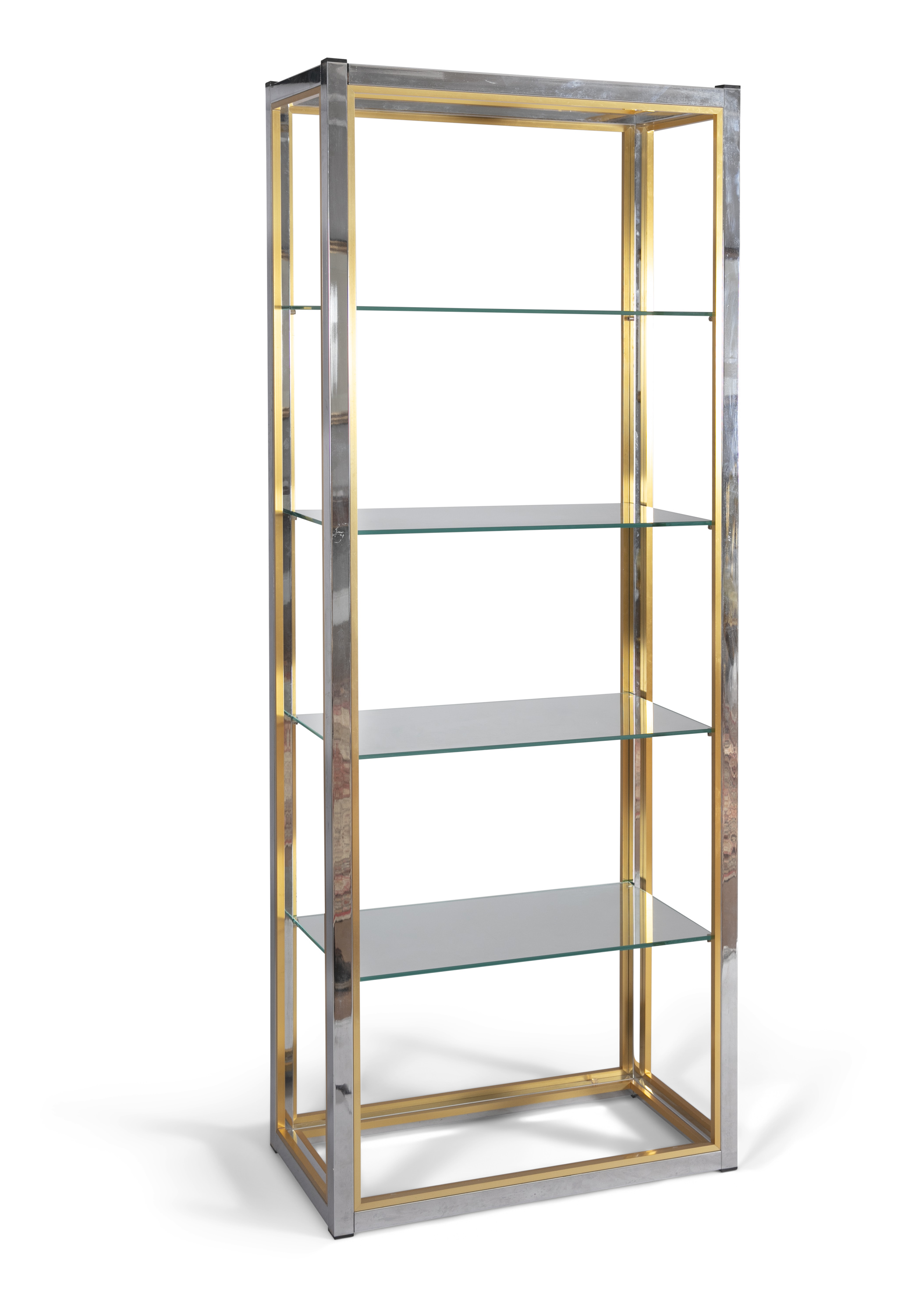 An Italian chrome and brass rectangular upright open shelf unit, c.1970s, with glass shelves. 76cm