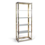 An Italian chrome and brass rectangular upright open shelf unit, c.1970s, with glass shelves. 76cm