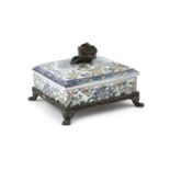 A crackleware porcelain square covered dish, with cast brass rose head finial handle, the dish