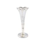 An American white metal overlaid clear glass vase, of trumpet form, in the Art Nouveau taste, the