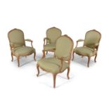 A set of four Louis Quinze beech framed fauteuils, by Etienne Meunier, mid 18th century, signed, the