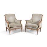 A pair of Louis Quinze style fruitwood framed armchairs, the roll panel back, sides and seat covered