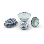 A small collection of Chinese blue and white porcelains, all Qing Dynasty, comprising a circular