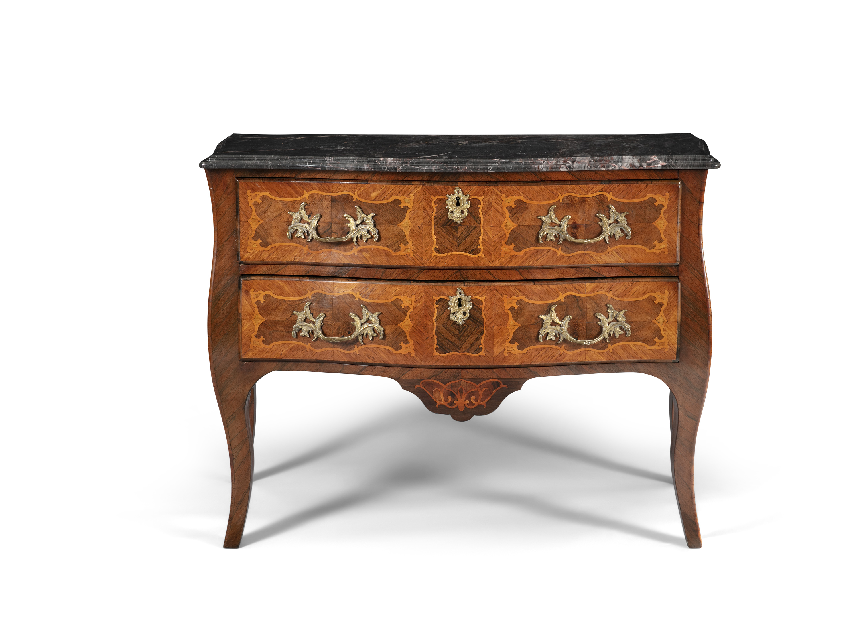 A Louis XV provincial kingwood marquetry bombe commode, late 18th century, with veined black