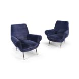 ARMCHAIRS A pair of 1960s Italian armchairs on brass legs. Recently upholstered. 88 x 89 x 72 cm