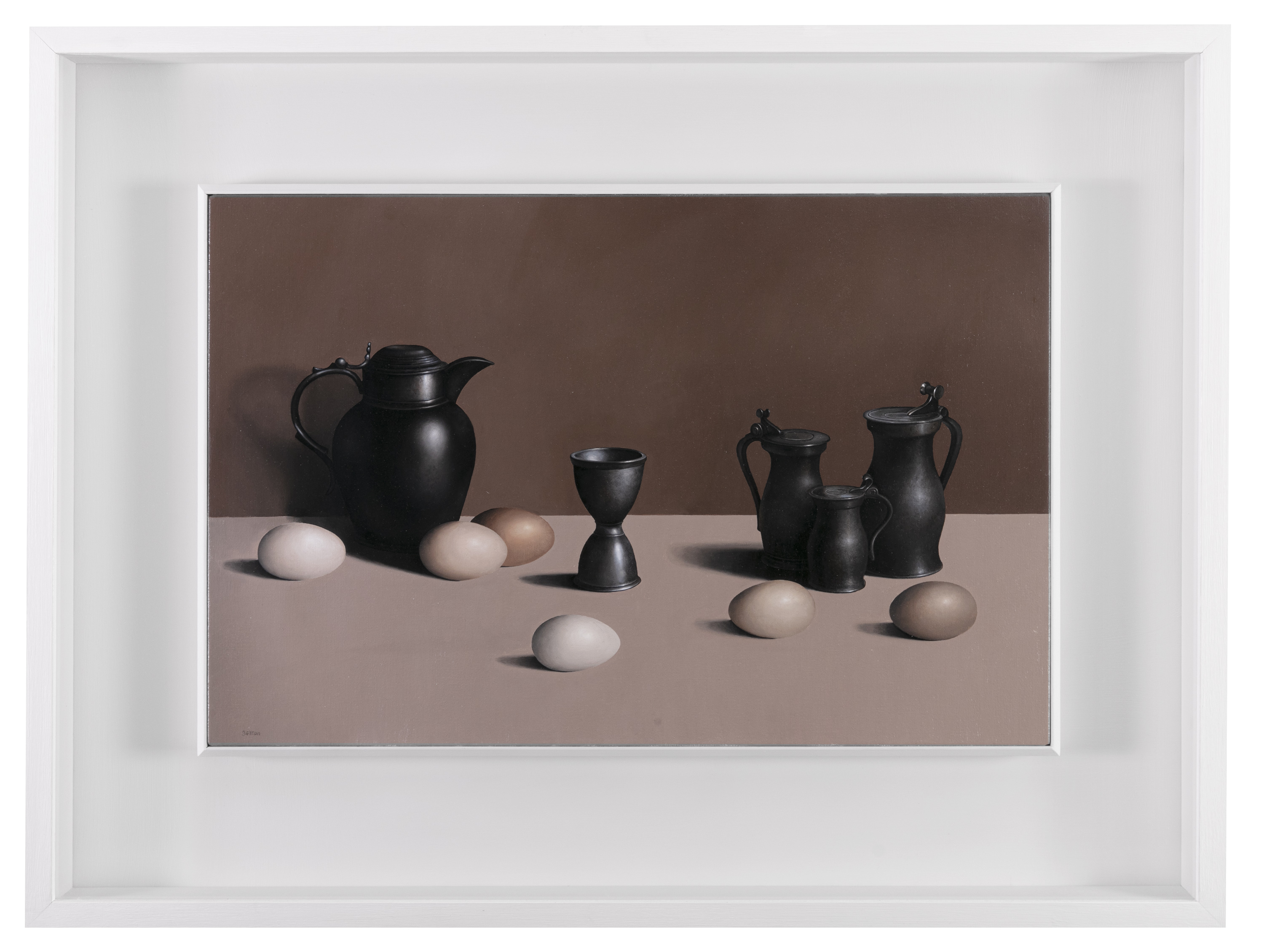 Liam Belton RHA (b.1947) Pewter and Eggs Oil on canvas, 40 x 61cm (15¾ x 24) Signed; also signed, - Image 2 of 2