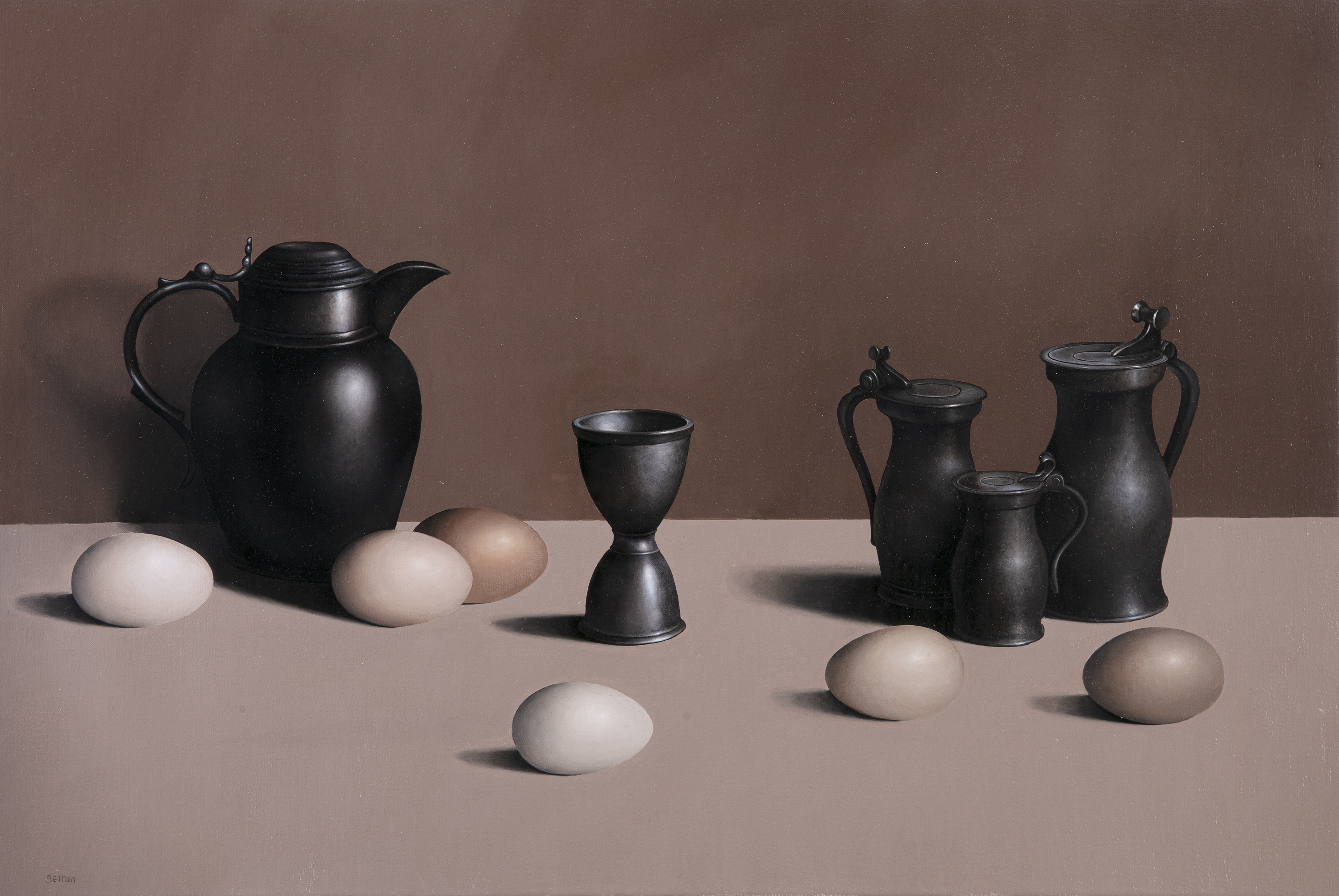 Liam Belton RHA (b.1947) Pewter and Eggs Oil on canvas, 40 x 61cm (15¾ x 24) Signed; also signed,