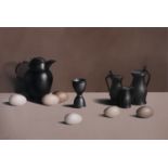 Liam Belton RHA (b.1947) Pewter and Eggs Oil on canvas, 40 x 61cm (15¾ x 24) Signed; also signed,