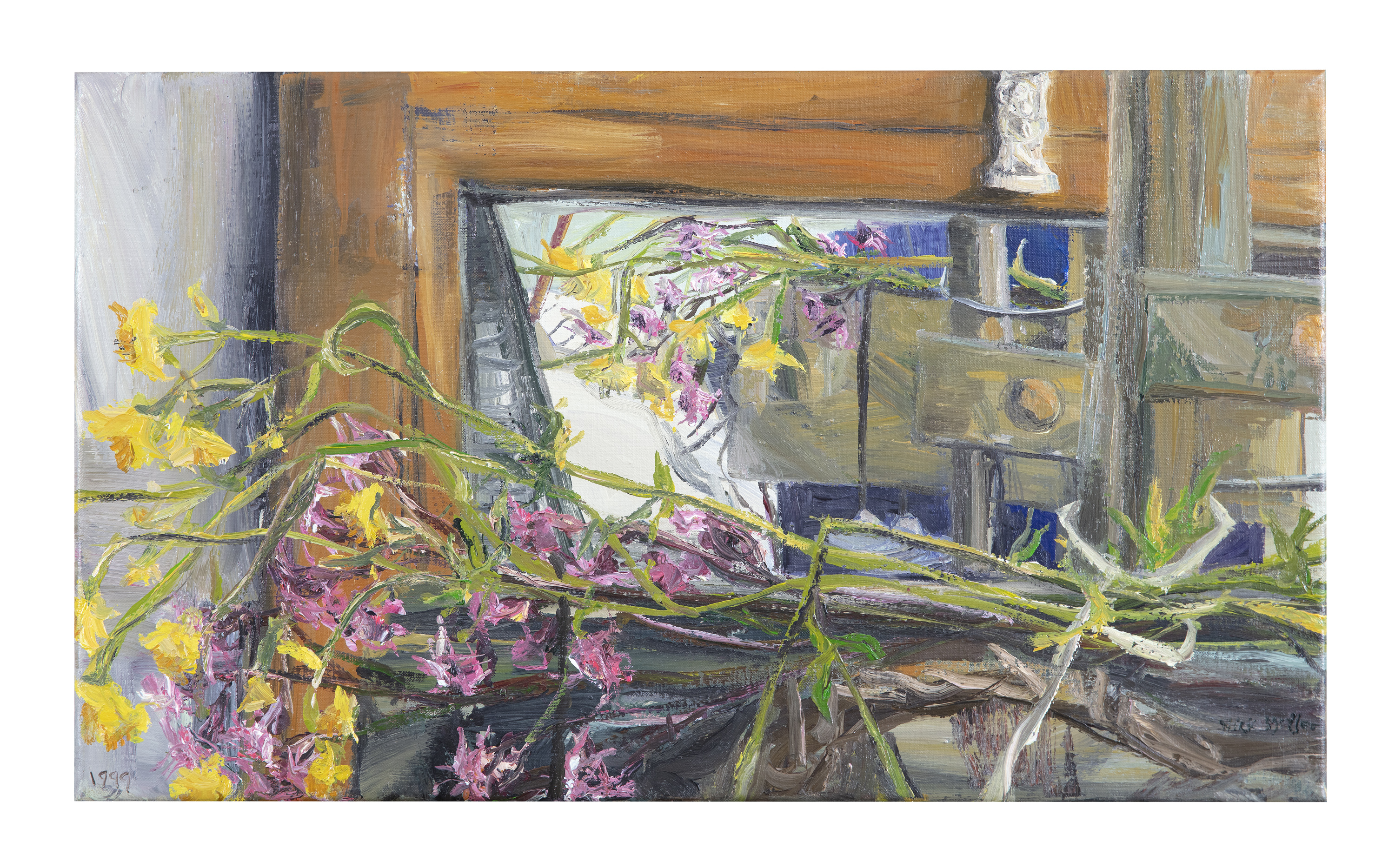 NICK MILLER (b.1962) Reflection with Buddha and Flowers Oil on linen, 35.5 x 61cm Signed and dated