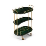 A 3 tier drinks trolley with brass detailing lacquered goat skin by Aldo Tura. c. 1960s. 74 x 53 x