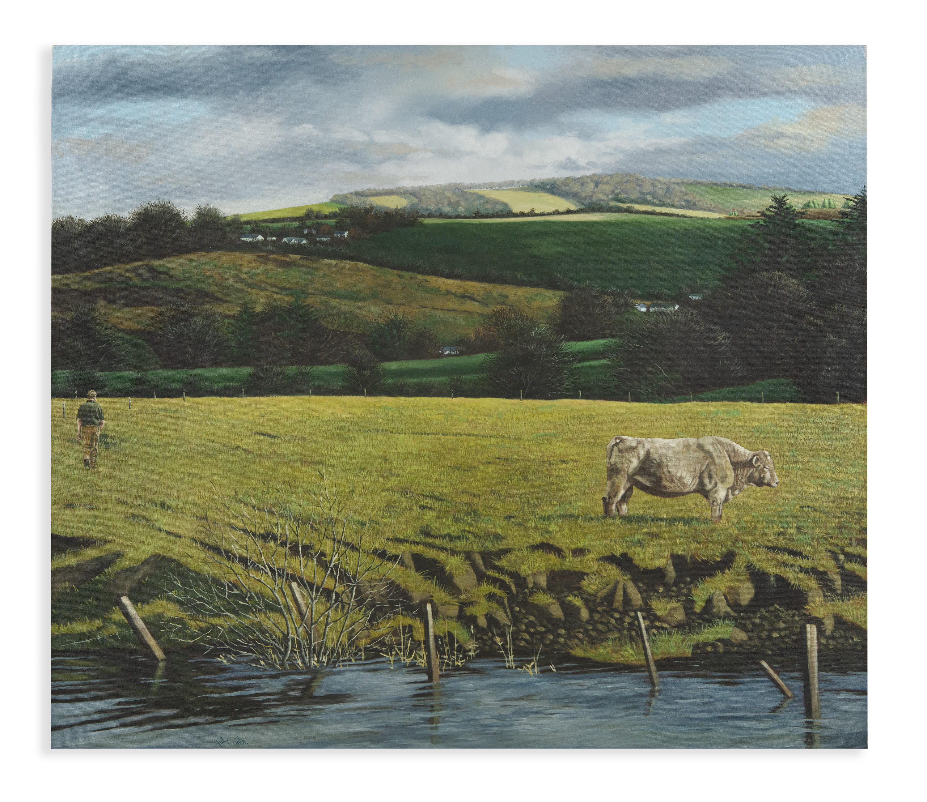 MARTIN GALE RHA (b.1949) The Bull and the River Oil on canvas, 91.5 x 107cm Signed and dated 2002