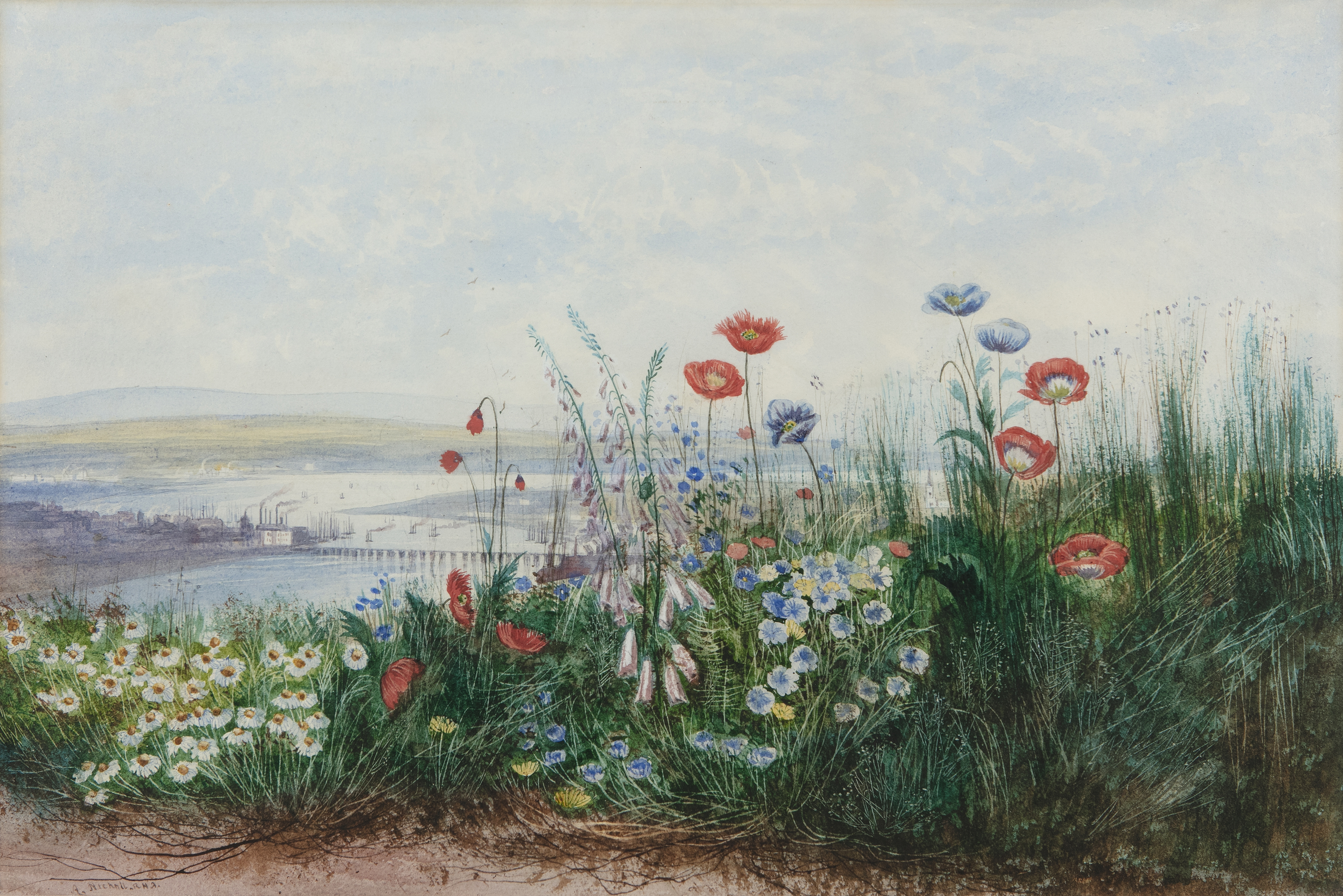 Andrew Nicholl RHA (1804-1886) A View of Derry through a Bank of Wildflowers Watercolour, 34 x