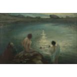 George Russell AE (1867-1935) Figures by a Moonlit Lake Oil on board, 30 x 46cm (11¾ x 18'') Signed;