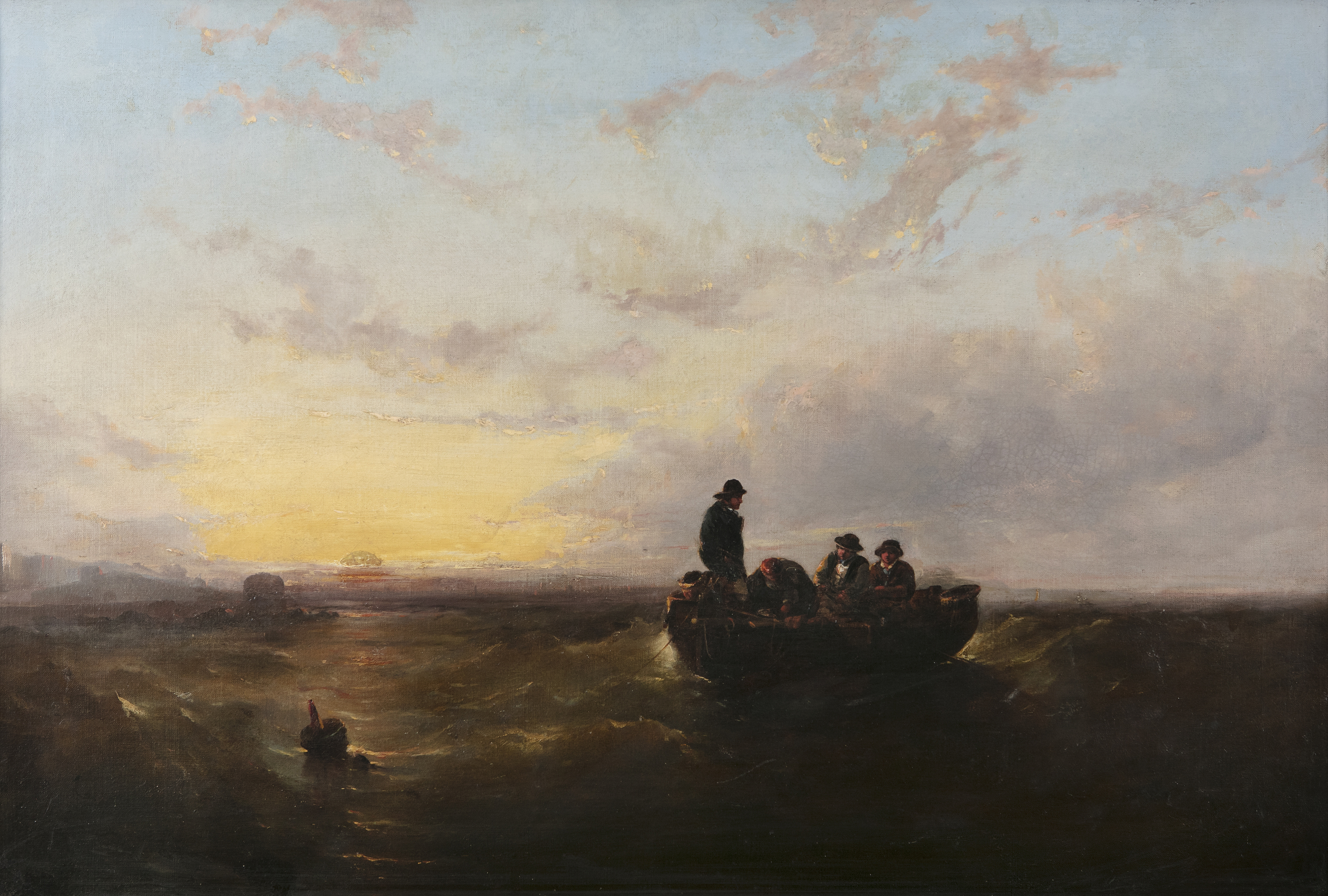 Attributed to Edwin Hayes RHA RI ROI (1819-1904) Fishermen Setting Pots in Dublin Bay Oil on canvas,