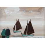 Markey Robinson Figures and Sailboats Oil on board, 15.5 x 22cm (6 x 8¾'') Signed