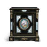 A VICTORIAN EBON AND ORMOLU MOUTED RECTANGULAR BREAKFRONT SIDE CABINET, fitted single frieze