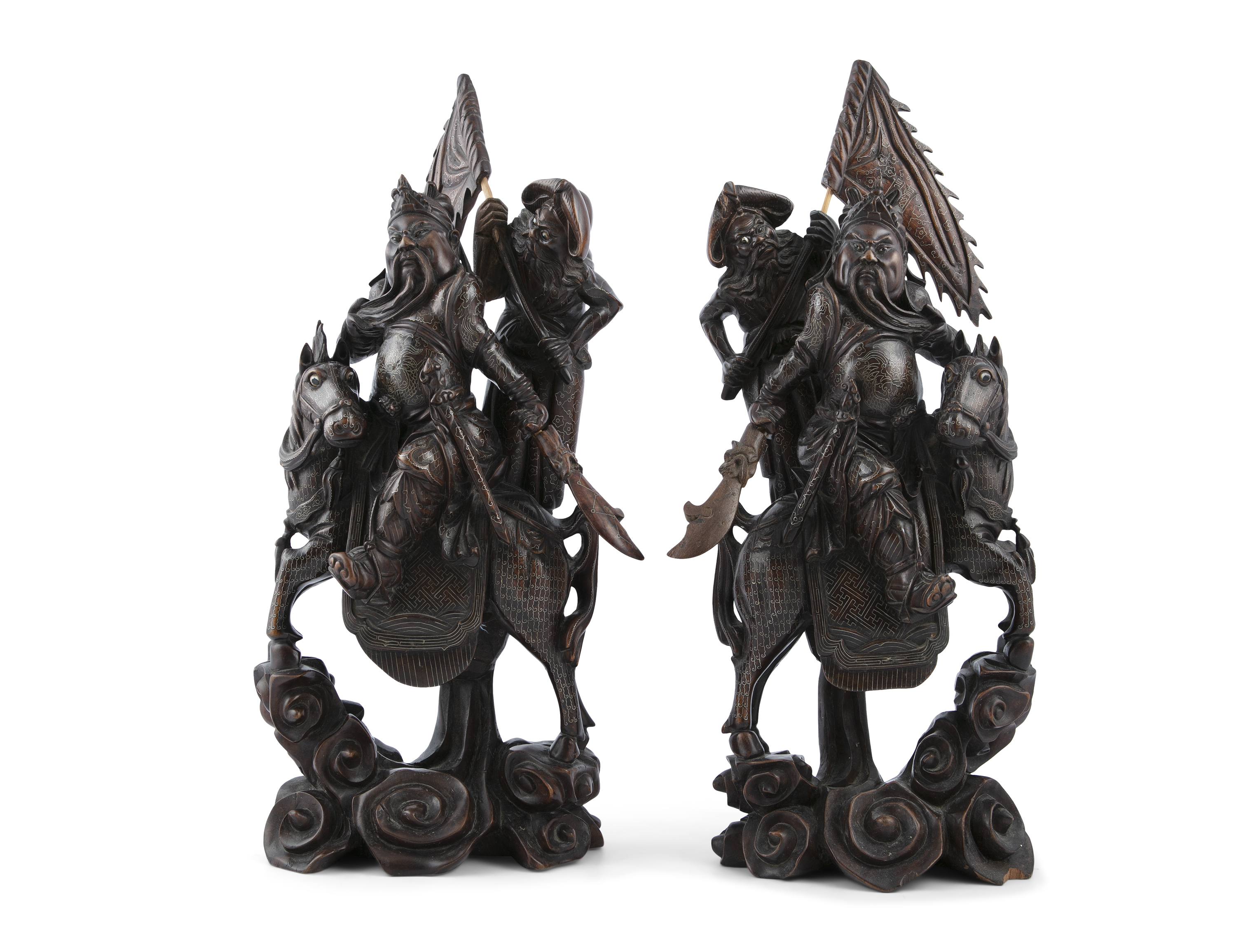 A PAIR OF CHINESE SILVER CHERRYWOOD FIGURES OF WARRIORS AND ATTENDANTS, late 19th century,