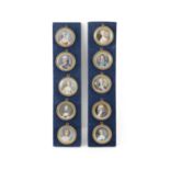 A SET OF TEN FRENCH MINIATURE PORTRAITS OF ARISTOCRATS Tondos, oils on ivory Set on blue velvet
