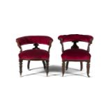 A PAIR OF VICTORIAN OPENBACK ARMCHAIRS, each covered in button back velvet velour on fluted tapering