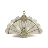 A FRENCH CAST BRASS FAN SPARK GUARD, with foliate scrollwork, the base decorated with female