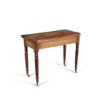 A GEORGE IV MAHOGANY AND ROSEWOOD CROSSBANDED FOLDING TOP TEA TABLE, the figured rectangular top