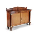 A WILLIAM IV MAHOGANY SIDE CABINET, c.1840, of rectangular form with raised panel back, fielded