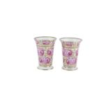 A PAIR OF SPODE SPILL VASES, c.1840, of beaker form decorated with pink rosebuds amongst foliage